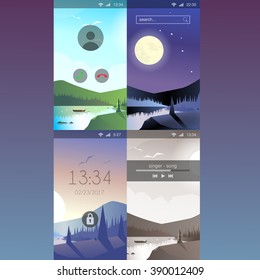 Mobile wallpaper mountain forest river bank outdoor scenic flat style app application lockscreen lock screen incoming call music playback background template mockup