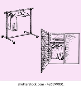 Mobile wardrobe for clothes, doodle style sketch illustration hand drawn vector 