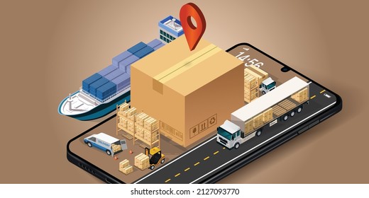 Mobile warehouse.Application Check delivery on mobile. Arrange the goods on the delivery truck. Online delivery transport logistic service concept.