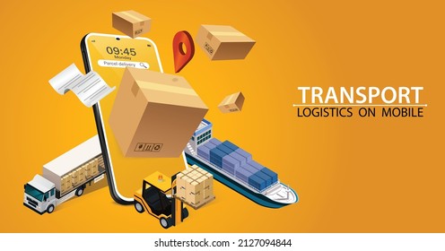 Mobile warehouse.Application Check delivery on mobile. Arrange the goods on the delivery truck. Online delivery transport logistic service concept.