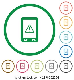Mobile warning flat color icons in round outlines on white background