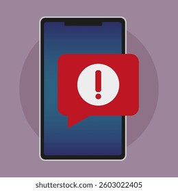 Mobile warning icon. Red alert bubble. Exclamation point symbol. Flat phone interface.