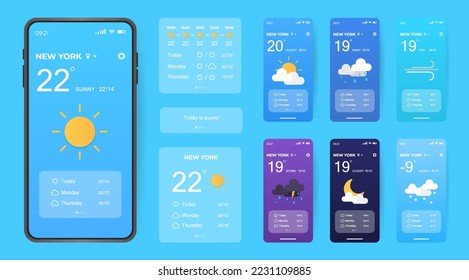 Mobile weather app interface design. GUI elements for weather forecast mobile app. Realistic phone. Temperature, weather condition user interface generator. Ui ux toolkit vector illustration