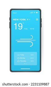 Mobile weather app interface design. GUI elements for weather forecast mobile app. Realistic phone. Temperature, weather condition user interface generator. Ui ux toolkit vector illustration