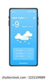 Mobile weather app interface design. GUI elements for weather forecast mobile app. Realistic phone. Temperature, weather condition user interface generator. Ui ux toolkit vector illustration