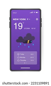 Mobile weather app interface design. GUI elements for weather forecast mobile app. Realistic phone. Temperature, weather condition user interface generator. Ui ux toolkit vector illustration