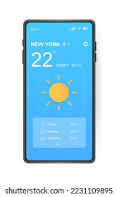 Mobile weather app interface design. GUI elements for weather forecast mobile app. Realistic phone. Temperature, weather condition user interface generator. Ui ux toolkit vector illustration
