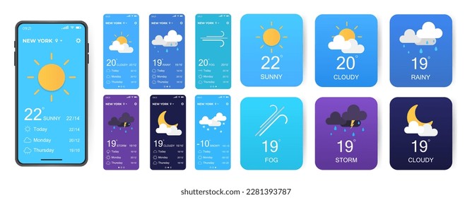 Mobile weather app interface design. GUI elements for weather forecast mobile app. Realistic phone. Temperature, weather condition user interface generator. Ui ux toolkit vector illustration