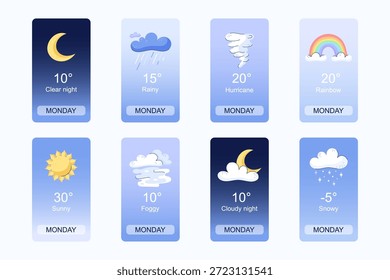 Diseño de interfaz de App de Clima móvil. Elementos para el App móvil del pronóstico del Clima. Noche clara, lluvioso, huracán, arco iris, soleado, brumoso, noche nublada y nevado. Ilustración vectorial. Temperatura, Clima