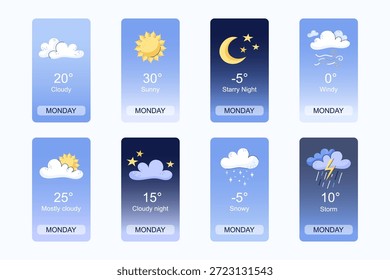 Diseño de interfaz de App de Clima móvil. Elementos para el App móvil del pronóstico del Clima. Nublado, soleado, Noche estrellada, Ventoso, Mayormente nublado, noche nublada, nevado y tormenta. Ilustración vectorial. Temperatura