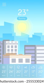 Mobile weather application displaying sunny weather with 23 degrees celsius over a city skyline, including a weekly forecast with varying conditions