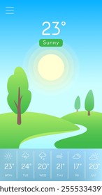 Mobile weather application displaying a sunny landscape with 23 degrees celsius, featuring trees and a river alongside a weekly forecast of varying conditions