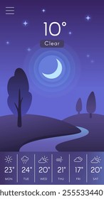 Mobile weather application featuring a clear night sky with a crescent moon, stylized trees, a winding river, and a weekly forecast with varying temperatures