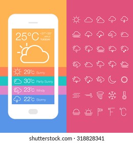 Mobile Weather Application Screen with icon set. Vector forecast flat design widget