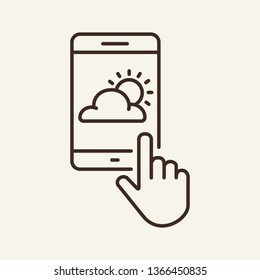Mobile weathers app line icon. Hand, clod, sun, gadget. Meteorology concept. Can be used for topics like information, forecast, nature