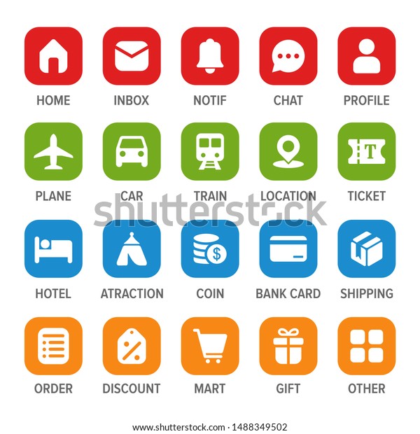 Mobile web app\
icon set vector for travel, hotel, and retail company. App icon\
button template ui with color\
design