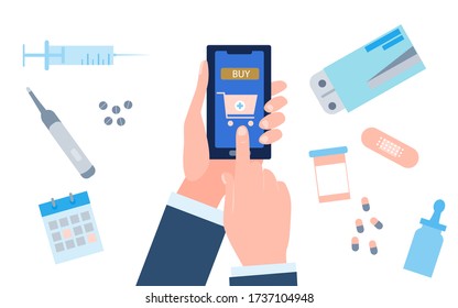 Mobile or web application for buying medicines online. A hand holds a smartphone and presses the buy button and different medicines is around it: pills, thermometer, drops, patch. Flat illustration.
