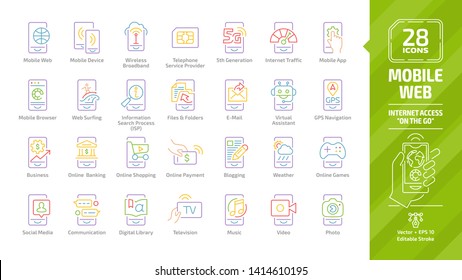 Mobile web color icon set with internet access "on the go" or "on the move" outline pictogram: smart phone, wireless network, 5G technology, hand with smartphone, m-commerce editable stroke line signs