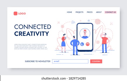 Mobile and Web Communication Landing Page. Vector Illustration of Women and Men around a Large Smartphone.