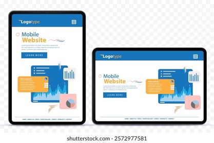 Mobile Web Design Template on Vertical and Horizontal Tablet Computer Screen. Tablet PC vector mockup with transparent background.