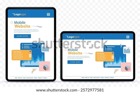Mobile Web Design Template on Vertical and Horizontal Tablet Computer Screen. Tablet PC vector mockup with transparent background.
