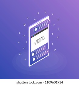 Mobile web development concept, mobile app . Modern Flat isometric style illustration.