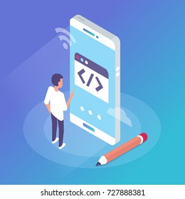 
Mobile  web development concept . Flat isometric style illustration.