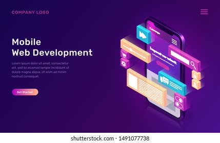 Mobile web development isometric concept vector illustration. Landing page template for creating customize smartphone website design, interface, phone screen with 3D icons on ultraviolet background