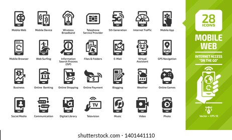 Mobile web icon set with internet access "on the go" glyph sign: tablet phone, wireless network, business technology, hand with smartphone, social media, telephone screen and more symbols.