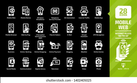 Mobile web icon set on a black background with internet access "on the go" glyph pictogram: tablet phone, wireless network, business technology, communication, digital library and more symbols.