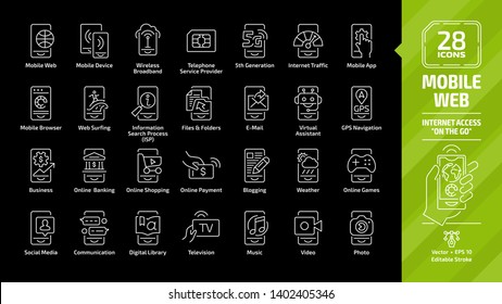 Mobile web icon set on a black background with internet access 