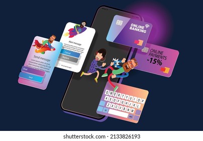 Mobile web interface elements and cartoon characters in isometry. Vector banner