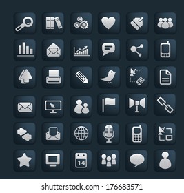 mobile, web, internet, business, phone, interface, design glossy buttons, icons set, vector on black background