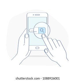 Búsqueda web móvil, barra de búsqueda, web surf, investigación. Teléfono móvil en manos del usuario, hace clic en el botón de búsqueda de smartphones. Ilustración vectorial de esquema plano.