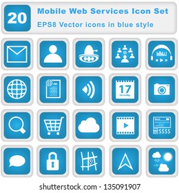Mobile Web Services Icon set. 20 Vector icons in blue style.