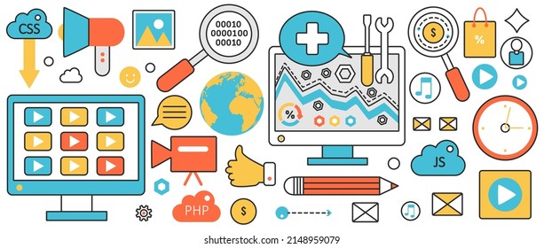 Mobile web site development. Process with digital marketing tools, programming language, responsive user interface, global search and consulting in infographic concept banner, thin line art design