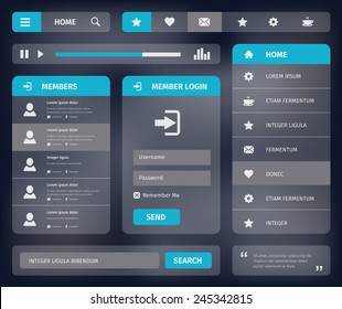 Mobile or web user interface template design.  Vector eps10 illustration. Member login, horizontal and vertical navigation, search button, icons.