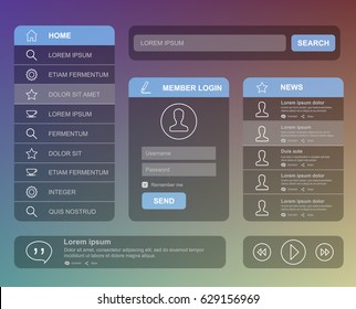 Mobile or web user interface template design. Vector eps 10 illustration. Member login, horizontal and vertical navigation, search button, icons.