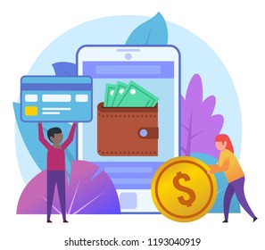 Mobile, web wallet, payment concept. Small people with credit card, golden coin. Poster for presentation, web page, banner, social media. Flat design vector illustration