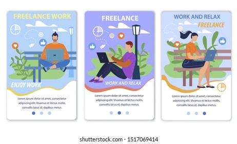 Mobile Webpage Flat Set Promoting Freelance Work. Cartoon People Characters Enjoy Remote Job. Designing, Getting Orders, Meeting Clients on Internet. Online Employment. Vector Flat Illustration