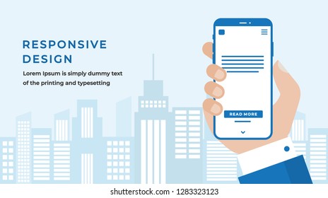 Mobile Website Concept with Businessman Hand Holding a Smartphone with Responsive Website on City Building Skyline Background. Suitable for Web banner, Hero images. Flat Vector illustration 