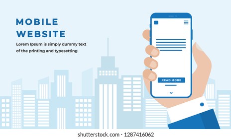 Mobile Website Concept with Businessman Hand Holding a Smartphone with Responsive Website on City Building Skyline Background. Suitable for Web banner, Hero images. Flat Vector illustration 
