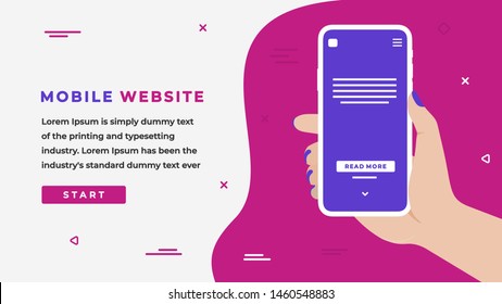 Mobile Website Design Concept with Business Woman Hand Holding a Smartphone with Article on Screen, Button, Headline and Text Place. Web banner, Info graphics, Hero. Flat Vector Illustration