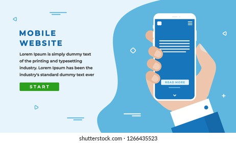 Mobile Website Design Concept with Businessman Hand Holding a Smartphone, Button, Headline and Text Place. Suitable for Web banner, Infographics, Hero images. Flat Vector illustration 