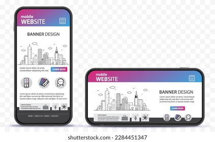 Diseño De Sitios Web Móviles Con Mockup. smartphones horizontales y verticales sobre fondo transparente.