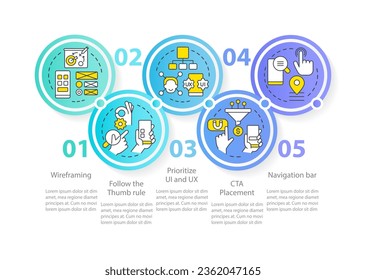 Mobile website development blue circle infographic template. Data visualization with 5 steps. Editable timeline info chart. Workflow layout with line icons. Myriad Pro-Regular font used