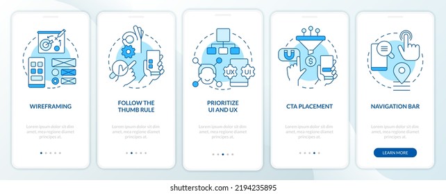 Pantalla azul de aplicación móvil de desarrollo de sitios web. Recorrido 5 pasos instrucciones gráficas editables con conceptos lineales. UI, UX, plantilla GUI. Multitud de tipos de letra Pro-Bold, con uso regular