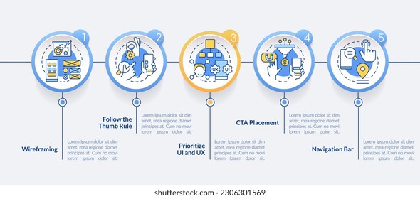 Mobile website development circle infographic template. Data visualization with 5 steps. Editable timeline info chart. Workflow layout with line icons. Lato-Bold, Regular fonts used
