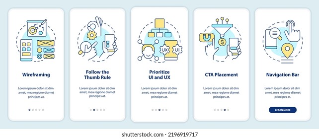 Mobile website development onboarding mobile app screen. Walkthrough 5 steps editable graphic instructions with linear concepts. UI, UX, GUI template. Myriad Pro-Bold, Regular fonts used