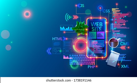 Mobile Website development technology conceptual illustration. Design of internet pages of layout site on screen phone. Programming software of smartphone apps and webpages. Web coding Banner Concept.